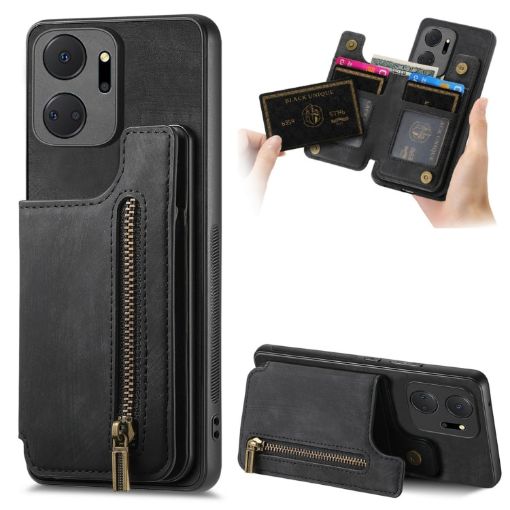 For Honor X7a Retro Leather Zipper Wallet Back Phone Case - Black - 1