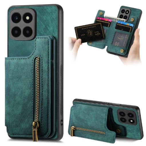 For Honor X6a Retro Leather Zipper Wallet Back Phone Case Green - 1