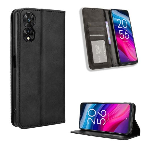 TCL 50 5G Black Leather Phone Case - Retro Texture, Magnetic Buckle - 1