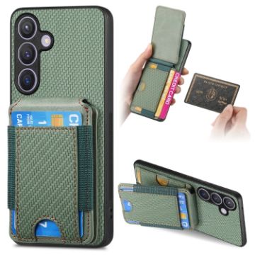 Samsung Galaxy S22 5G Carbon Fiber Wallet Stand Phone Case Green - 1