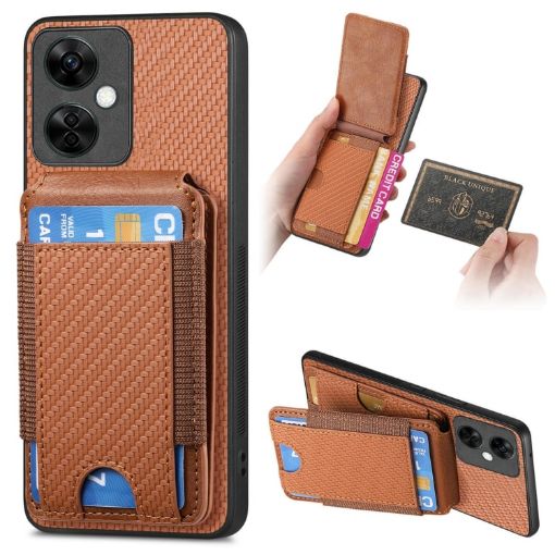 OnePlus Nord CE3 Lite Carbon Fiber Wallet Stand Phone Case - Brown - 1