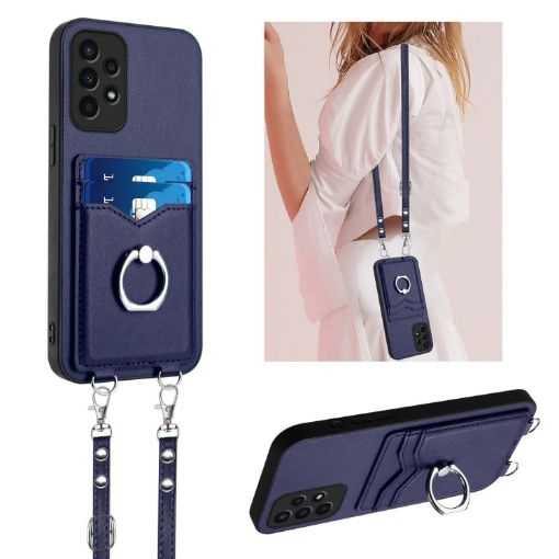Samsung Galaxy A13 4G R20 Crossbody Rope Ring Card Holder Phone Case Blue - 1