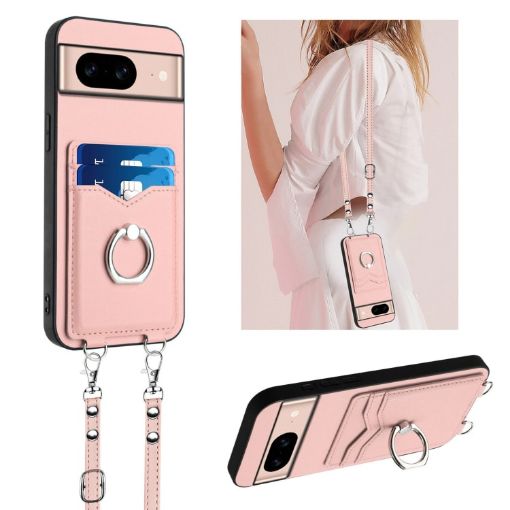 Google Pixel 8a R20 Crossbody Rope Ring Card Holder Phone Case (Pink) - 1