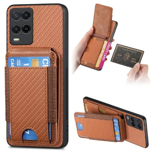 Realme 8 5G Carbon Fiber Wallet Stand Phone Case - Brown - 1