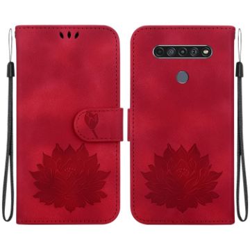 Red LG K61 Lotus Embossed Leather Phone Case - 1
