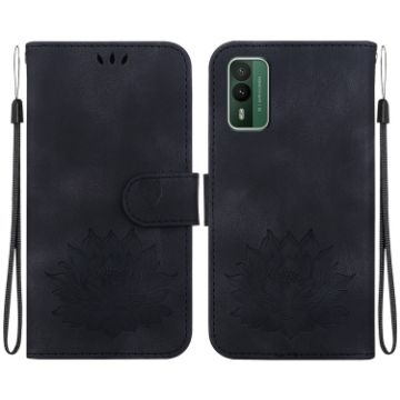 Nokia XR21 Lotus Embossed Leather Phone Case - Black - 1