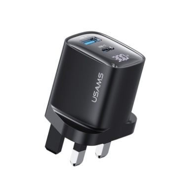 USAMS CC231 30W USB+USB-C Dual Port Charger, UK Plug (Black) - 1