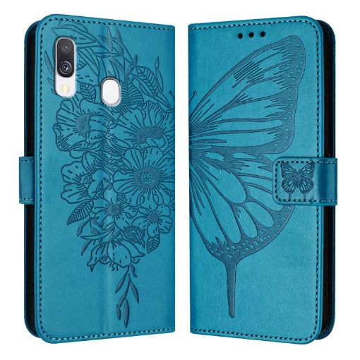 Samsung Galaxy A40 Embossed Butterfly Leather Phone Case - Blue - 1