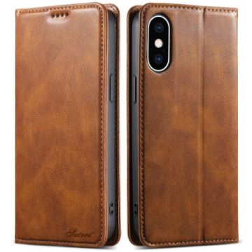Suteni J02 Oil Wax Wallet Leather Phone Case for iPhone X/XS - Brown - 1