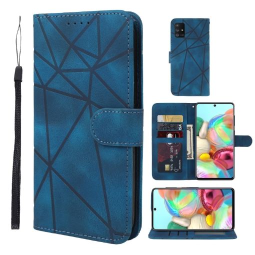 Samsung Galaxy A71 5G Blue Leather Phone Case - Geometric Lines - 1