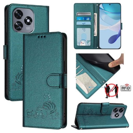 Oukitel C51 Cat Rat Embossed Pattern RFID Leather Phone Case - Peacock Green - 1
