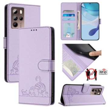 HTC U24 Pro Cat Rat Embossed Pattern RFID Leather Phone Case (Purple) - 1