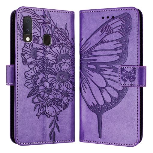 Samsung Galaxy A20e/A10e Embossed Butterfly Leather Phone Case - Light Purple - 1