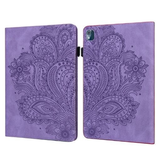 Nokia T10 Purple Leather Tablet Case - Peacock Embossed Pattern - 1