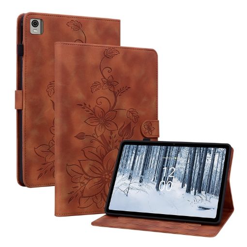 Nokia T10 Lily Embossed Leather Tablet Case - Brown - 1