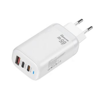 TE-65W GaN PD65W Dual USB-C+USB-A Laptop/Tablet Adapter EU Plug White - 1