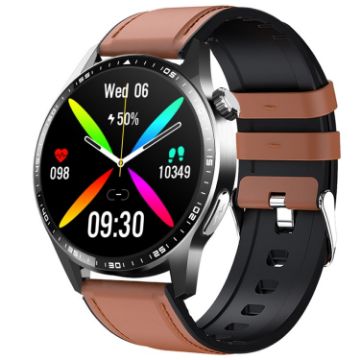 F400 Smart Watch ECG Blood Oxygen Blood Sugar 150+ Sports Mode Black Brown Leather - 1