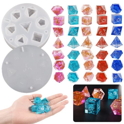 Silicone Dice Resin Molds - 7 Standard Polyhedral Dice Cavities - 1