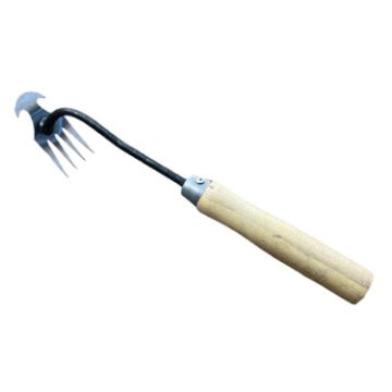 4-Tooth Dual Purpose Weed Remover Tool - 29cm Wood Handle - 1
