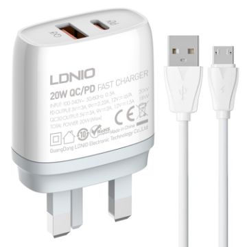 LDNIO Q229 Fast Charger + 1m Cable - UK Plug (White) - 1