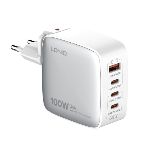 LDNIO Q408 100W GaN USB Charger + 3 USB-C Ports + 1m Data Cable - 1