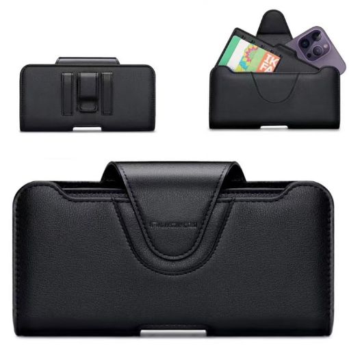 NUOKU Dual Phone Belt Clip Carrying Pouch Leather Case - Black - 1
