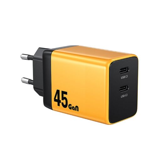 WK WP-U33 45W USB-C/Type-Cx2 GaN Fast Charger EU Plug Yellow - 1