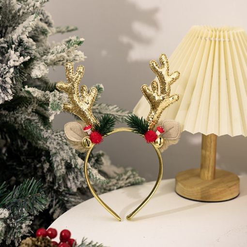 Bell Antler Headdress Christmas Ball Party Decoration Headband Gold - 1