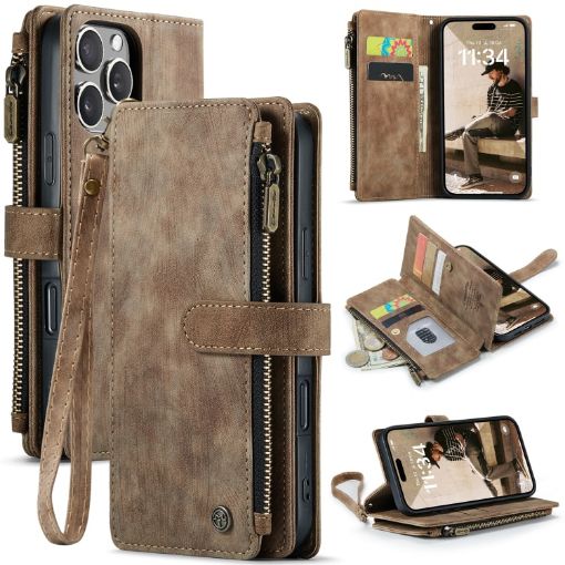 iPhone 16 Pro CaseMe C30 Card Slots Zipper Wallet Leather Phone Case - 1