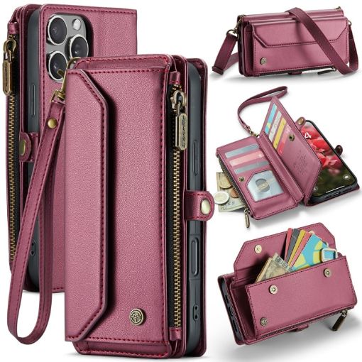 iPhone 16 Pro Max CaseMe C36 Red Zipper Wallet RFID Leather Case - 1