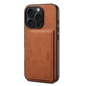 iPhone 16 Pro Max Denior D08 PU Single Card Slot Holder Phone Case - Brown - 1