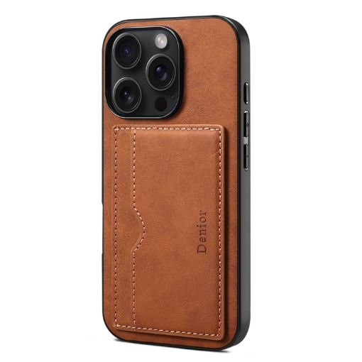 iPhone 16 Pro Max Denior D08 PU Single Card Slot Holder Phone Case - Brown - 1