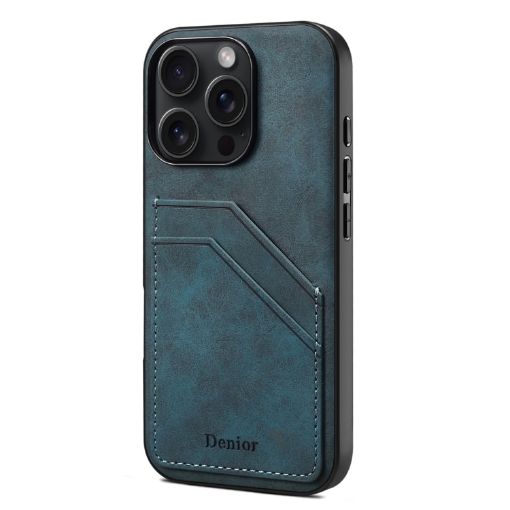 iPhone 16 Pro Max Denior D09 PU Dual Card Slot Back Cover Phone Case Blue - 1