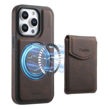 iPhone 15 Pro Denior D20 Skin Feel MagSafe Holder Detachable Card Slot Phone Case - Brown - 1