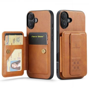 iPhone 16 Fierre Shann Oil Wax Cow Leather Card Holder Back Phone Case - Brown - 1
