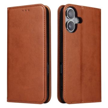 iPhone 16 Fierre Shann PU Leather Phone Case (Brown) - 1