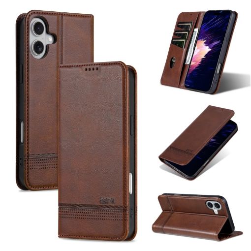 iPhone 16 AZNS Magnetic Calf Texture Flip Leather Phone Case - Dark Brown - 1