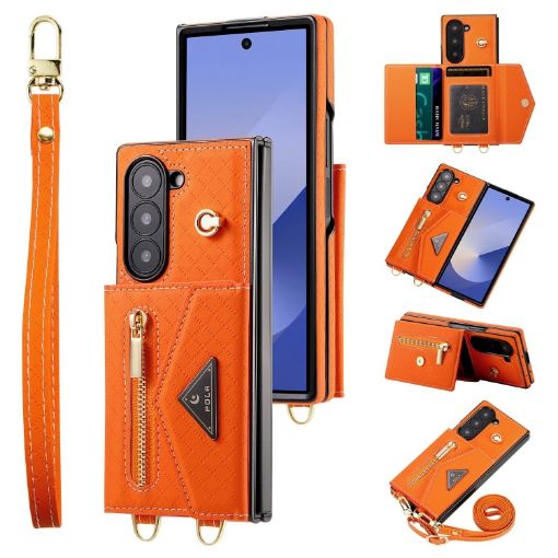 Samsung Galaxy Z Fold6 Grid Texture Wallet Phone Case - Orange - 1