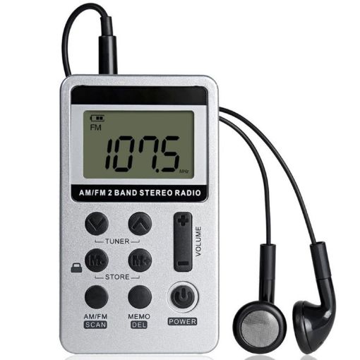 HRD-103 Silver FM/AM Two Band Portable Radio with Lanyard & Headset - 1