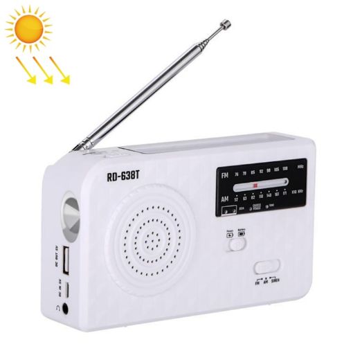 Solar Powered RD-638T AM/FM Radio Flashlight with Dynamo (White) - 1