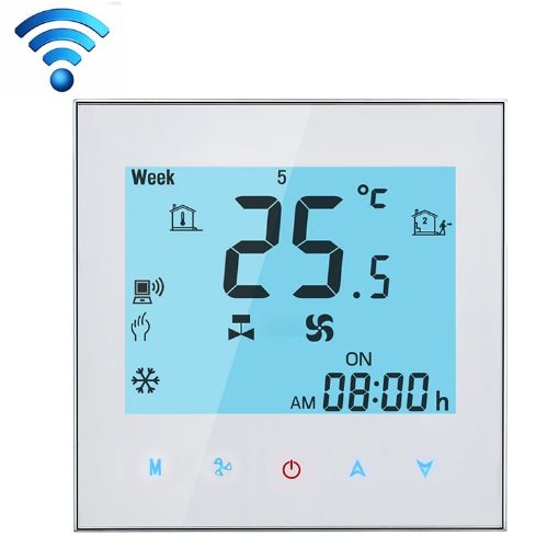 WiFi AC Thermostat for 4-Pipe Fan Coil Unit, LCD Display (White) - 1