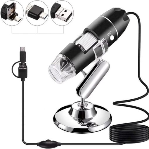 USB Digital Microscope 1600X with Sensor, 8 LED & Stand (Grey) - 1