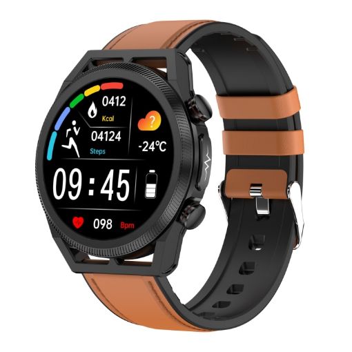 ET310 1.39" IPS IP67 Smart Watch, Leather Band, Temp/ECG (Brown) - 1