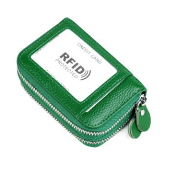 Bright Green RFID Leather Wallet, 10.5x7.0x4.0cm, Zipper Card Holder - 1