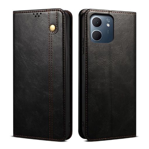 OPPO A5x 4G/5G Black Leather Phone Case - Oil Wax Crazy Horse Texture - 1