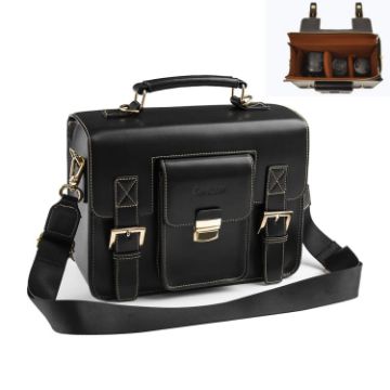 Cwatcun D83 Vintage Camera Case Leather Messenger Bag, Black - 1