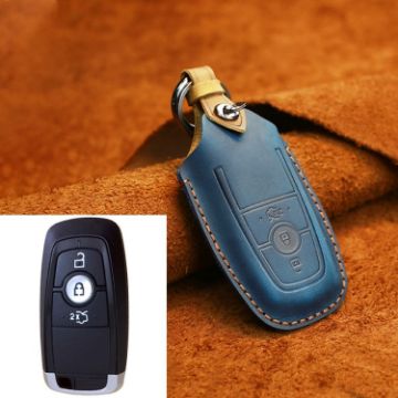 Ford Car Cowhide Leather Key Case, Three Keys Version (Blue) - 1