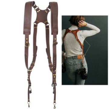 Dual Shoulder Leather Camera Strap with Metal Hook (Brown) - 1
