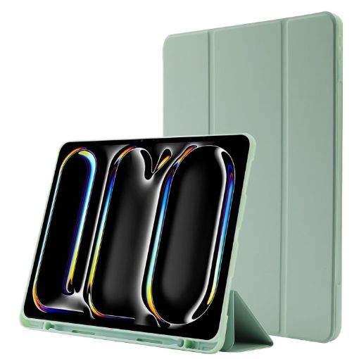 iPad Pro 13 2024 Matcha Green Leather Tri-fold Case with Pen Slot - 1