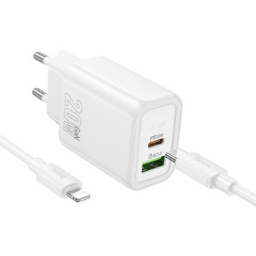 hoco N61 PD20W+QC3.0 Charger EU Plug with 1m Type-C to 8 Pin Cable - 1